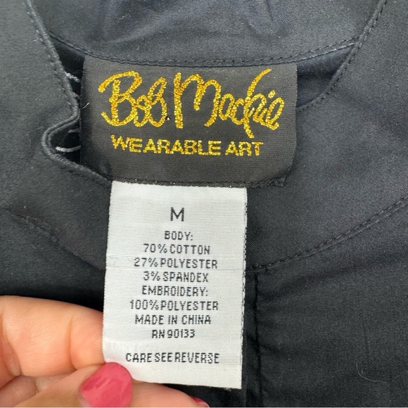 Bob Mackie top Embroidered‎ dressy Black and White Puff Sleeve Button Down Shirt - Picture 4 of 7